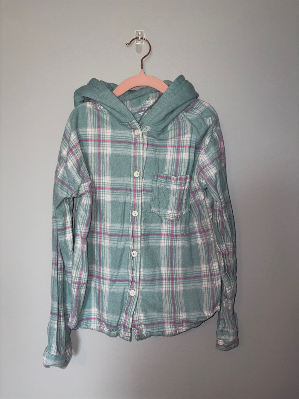 Kids Hooded Plaid Button-Up Shirt - Pink and Green Youth M